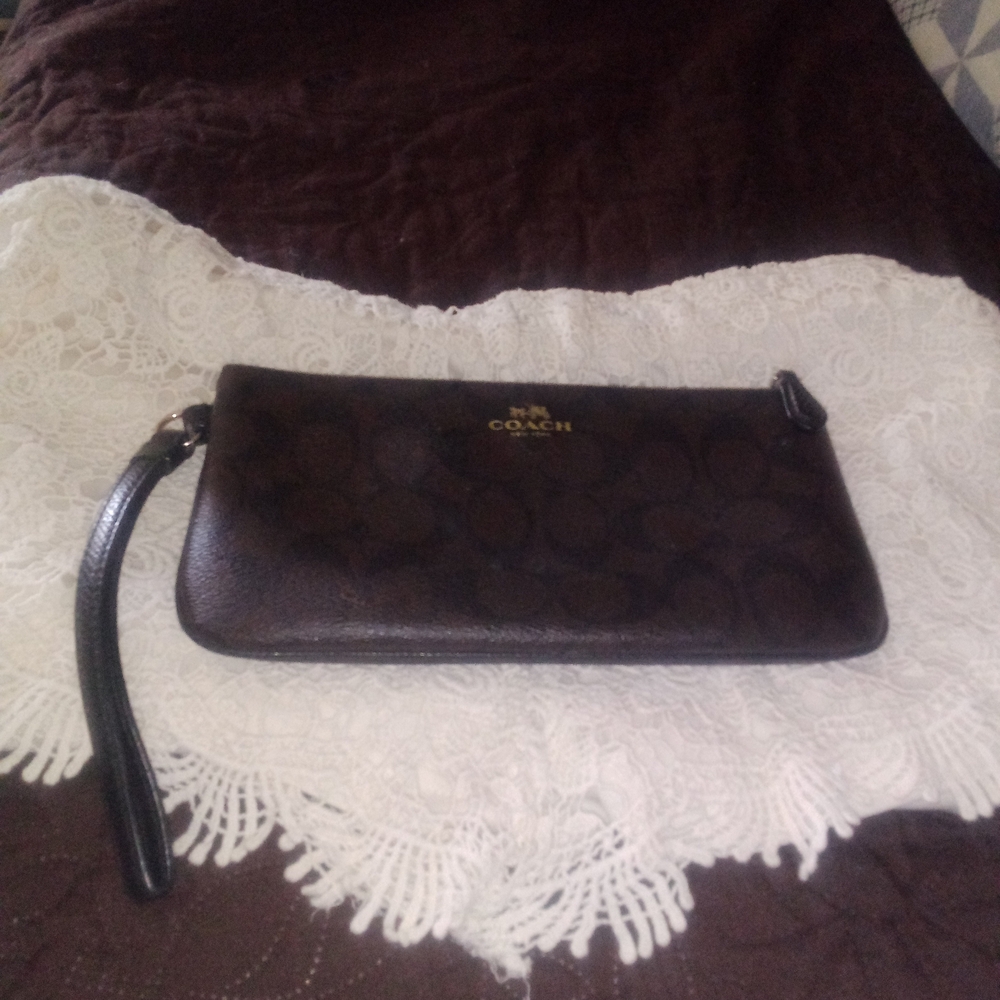 Coach Brown Signature Wristlet with Gold Logo
